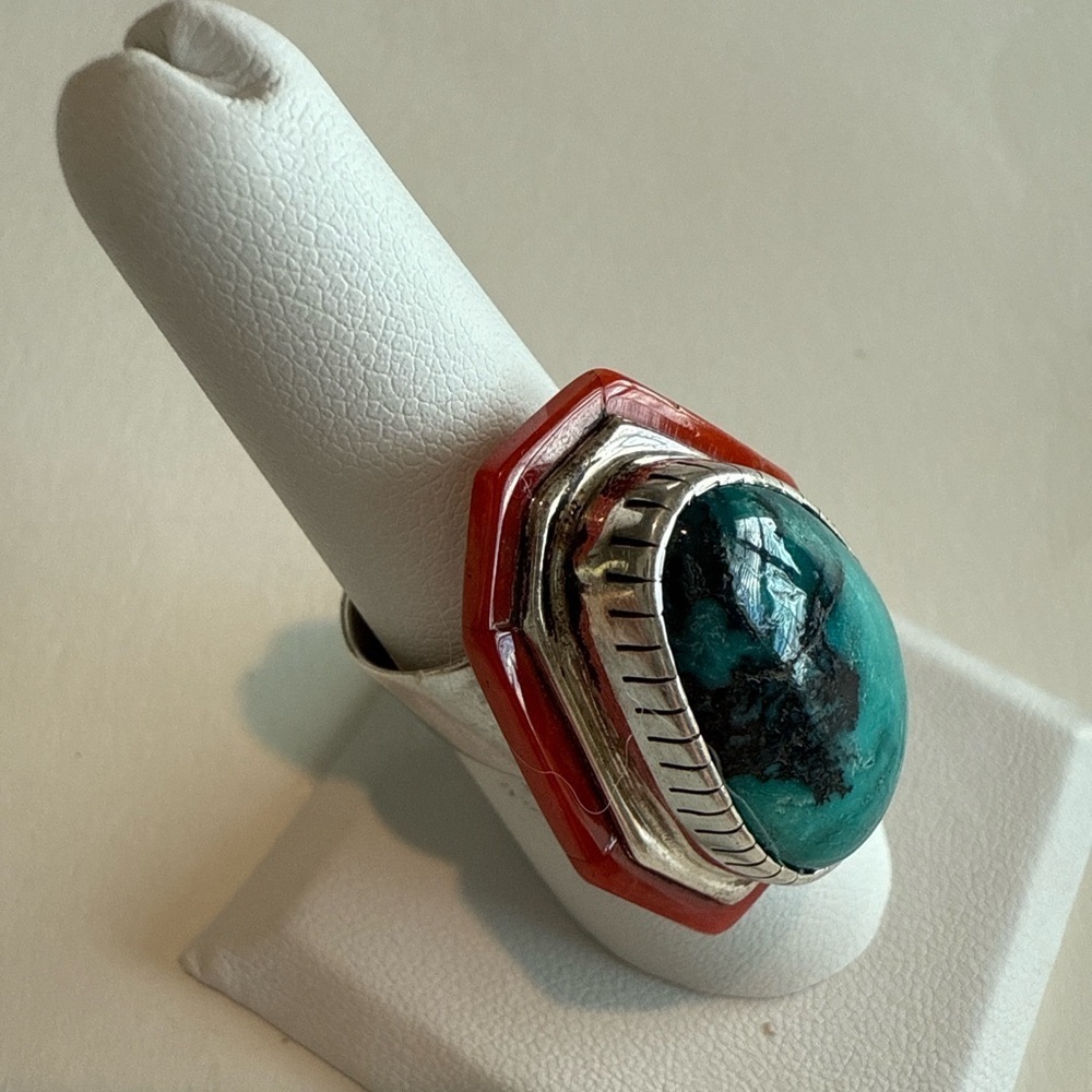 Tony Sanchez Handmade Sterling Silver Turquoise Coral Malachite Jet Ring Size 7 - Picture 4 of 9